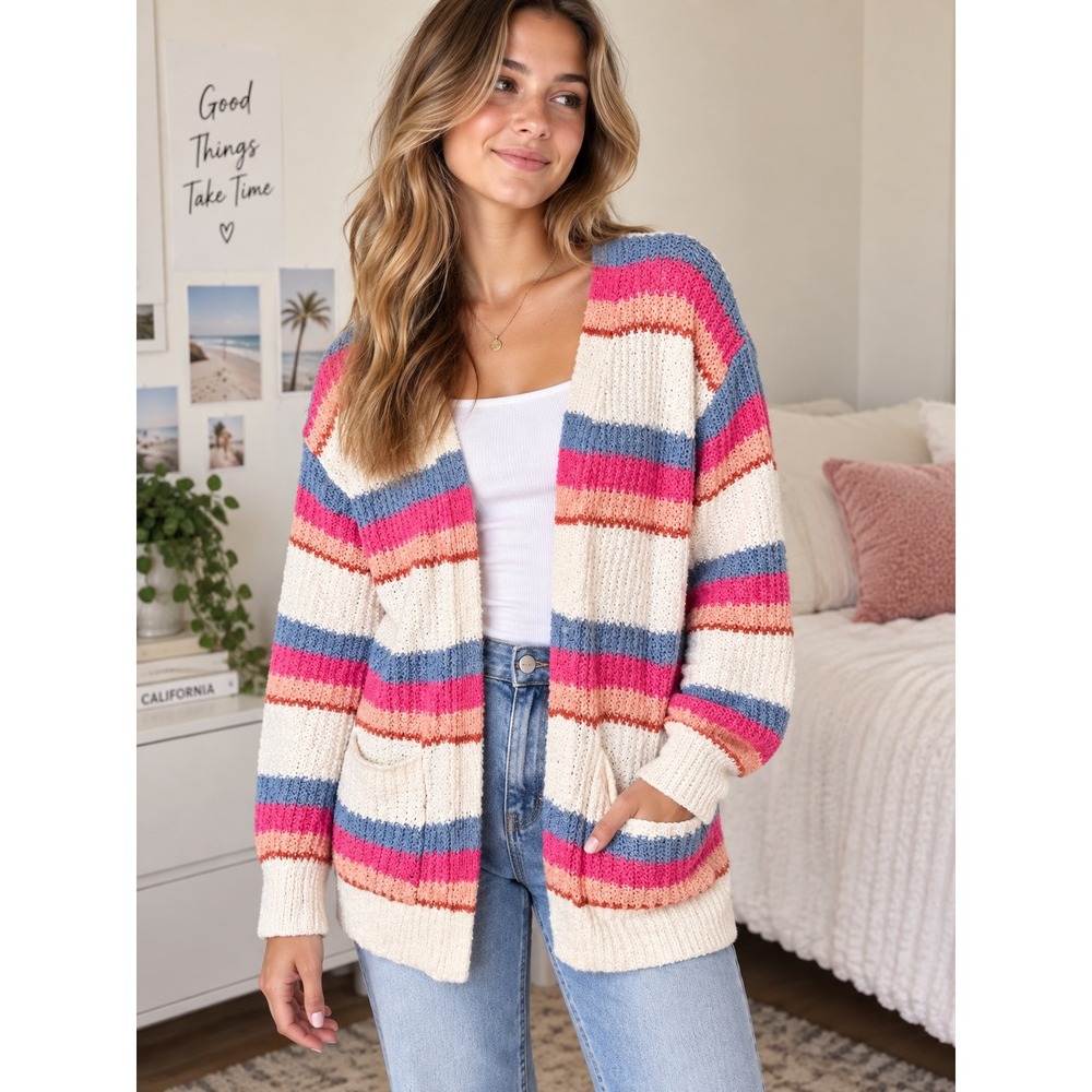 SO Women Cardigan Sweater Striped Knit Multi-Color Open Front Pocket Large 10-12